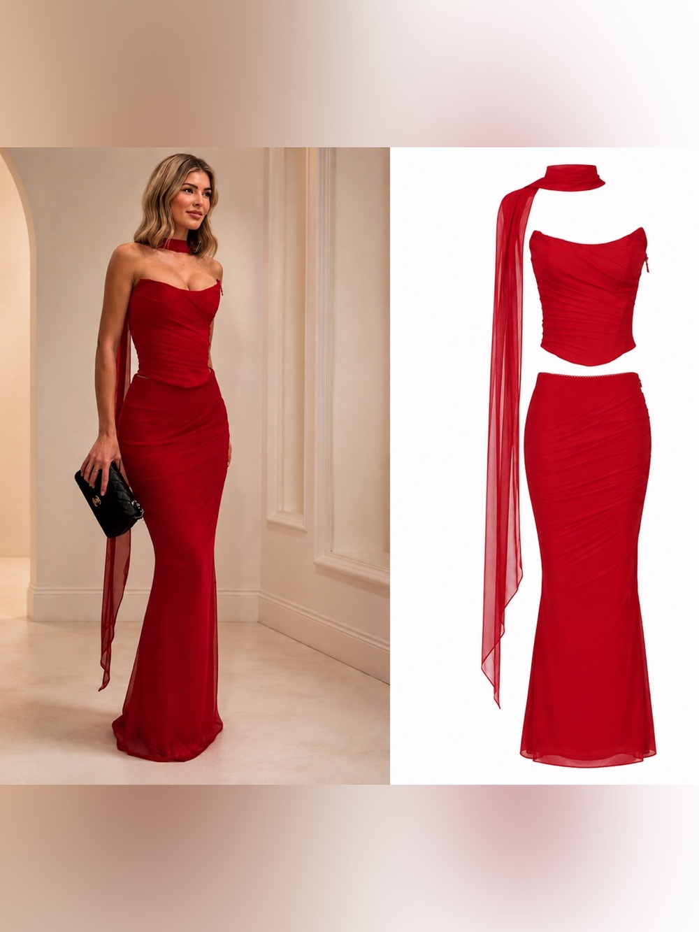 HOUSE OF CB (3 Pieces) Hallie Corset + Cassidy Skirt + Scarf - HOLLY RED -Size M